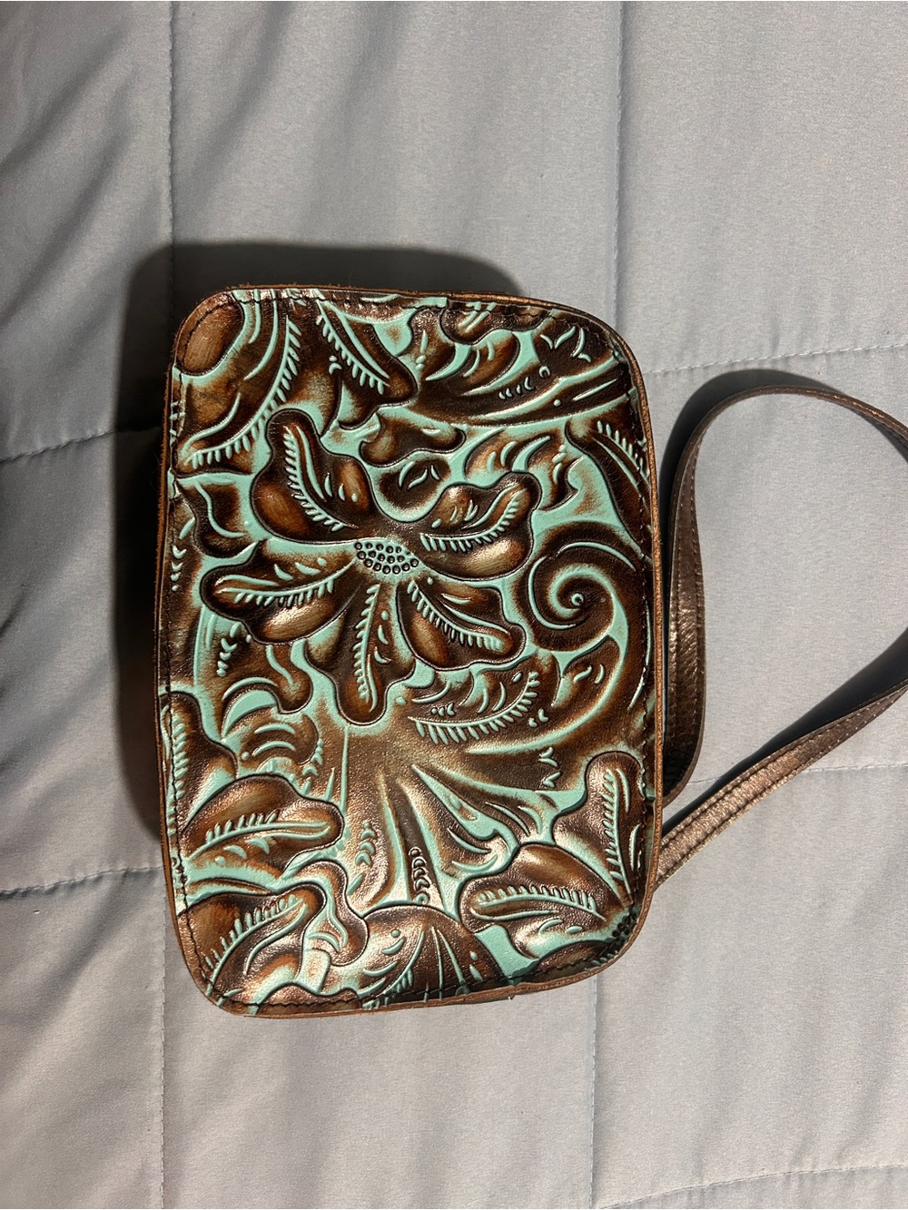 Patricia Nash Turquoise and Brown Tooled Floral Crossbody